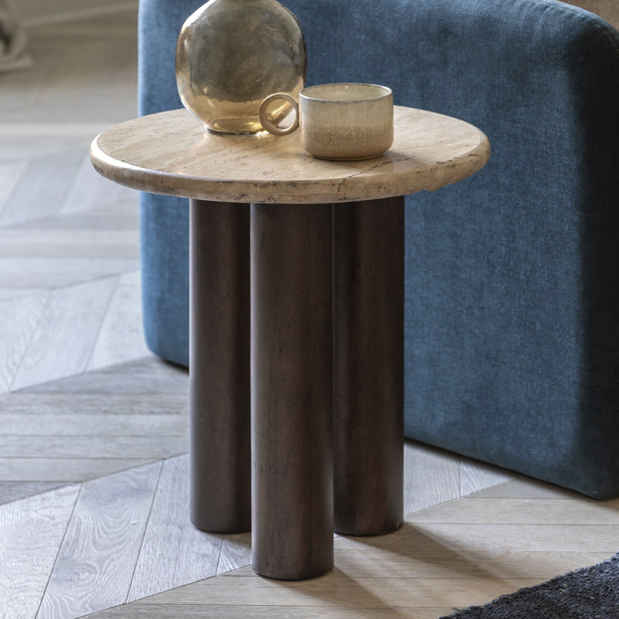 Mid Century Modern Inspired Side Table with Travertine Top - The Farthing