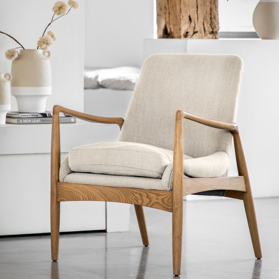 Natural Linen & Oak Wood Armchair - The Farthing