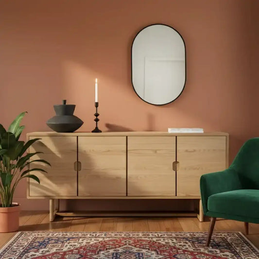 Wooden sideboard with decorative items against a pink wall, green armchair, and patterned rug.