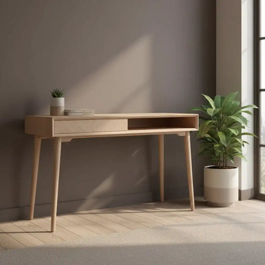 Wooden desk with a plant in a minimalistic room
