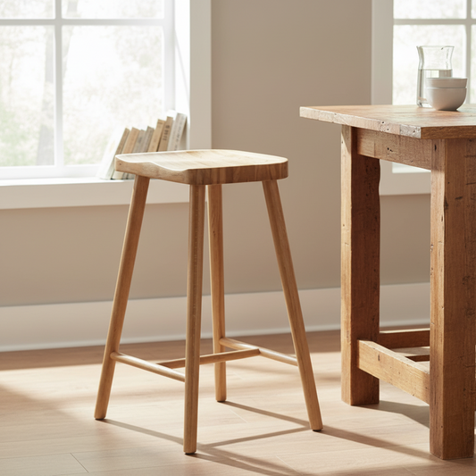 Wooden stool and table in a bright room with natural light