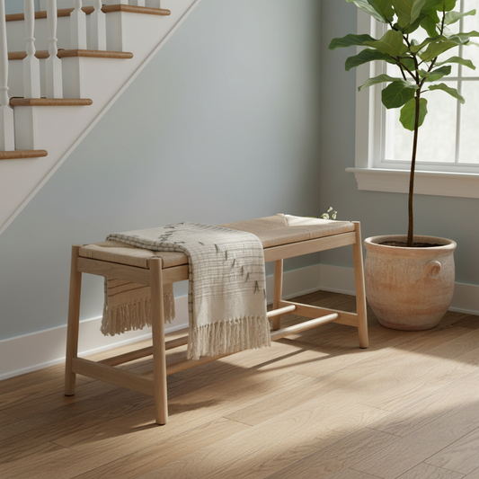 Oak Farmhouse Woven Rope Top Bench