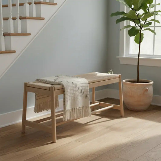 Oak Farmhouse Woven Rope Top Bench