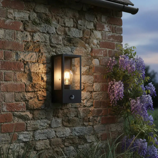 Outdoor Matt Black Box Lantern Wall Light with PIR Sensor - The Farthing