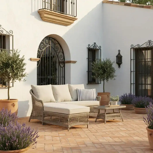 Outdoor patio with wicker furniture, cushions, and potted plants in a Mediterranean-style setting.
