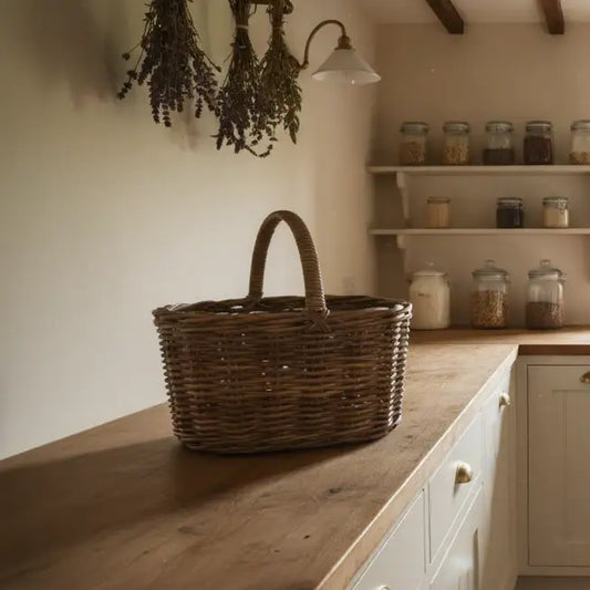 Wicker basket on a wooden countertop with shelves in the background
