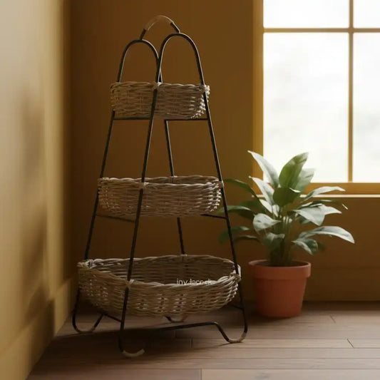 Three-tiered wicker basket stand against a yellow wall with a plant in the corner.