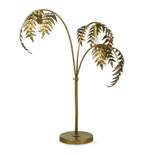 Gold palm tree lamp with three branches on a white background