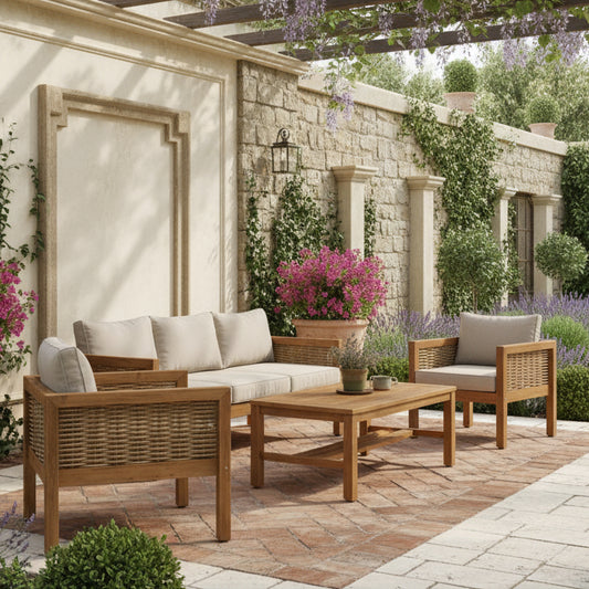 Portland Outdoor Wood & PE Rattan Lounge Sofa Set - The Farthing