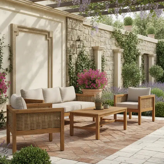 Portland Outdoor Wood & PE Rattan Lounge Sofa Set - The Farthing