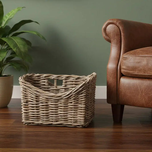 Wicker basket on a wooden floor next to a brown leather armchair against a green wall.