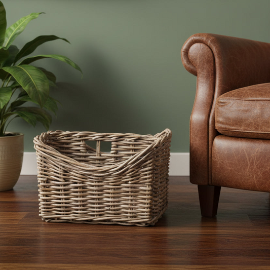 Wicker basket on a wooden floor next to a brown leather armchair against a green wall.