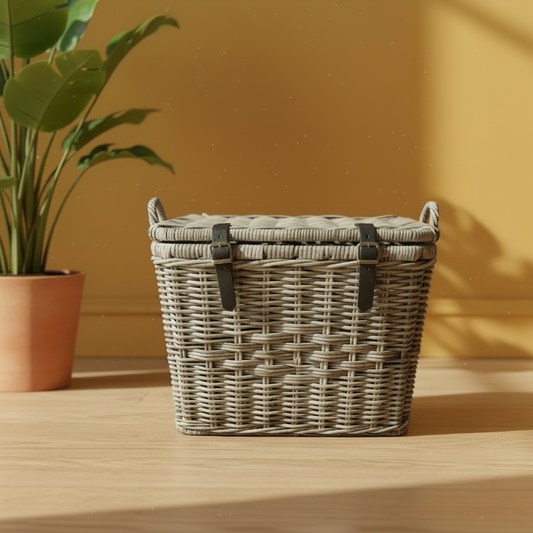 Rectangle Rattan Storage Trunk with Leather Straps