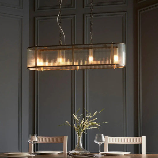 Rectangular Ribbed Glass & Antique Brass Linear Pendant Light - The Farthing
