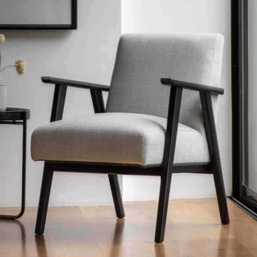 Relaxed Soft Grey Linen and Black Wood Armchair - The Farthing