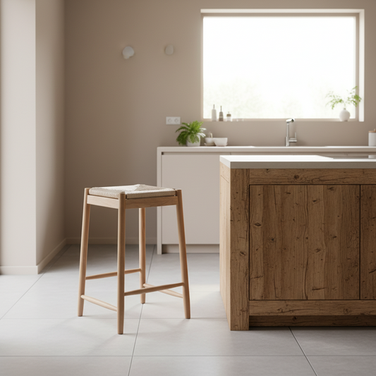 Wooden stool in a modern kitchen with a wooden island and neutral decor.