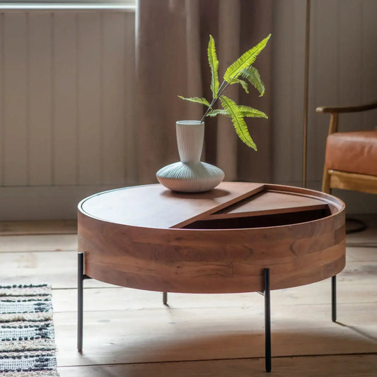 Round Acacia Wood Sliding Top Storage Coffee Table - The Farthing