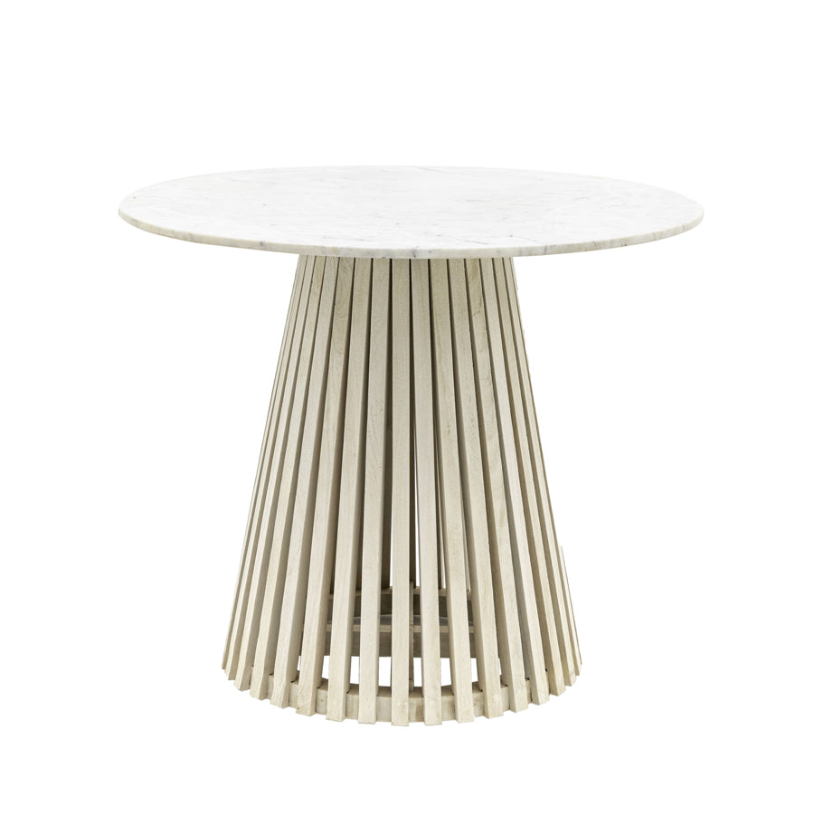 Round Sloping Slatted Wood & Marble Top Dining Table - The Farthing