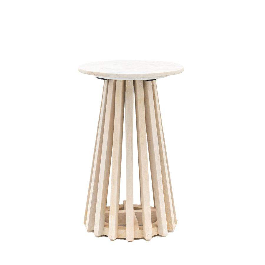 Round Sloping Slatted Wood & Marble Top Side Table - The Farthing