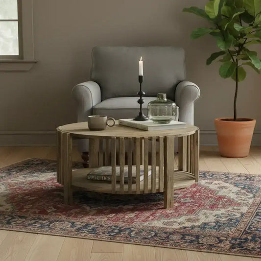 Wooden side table with decorative items on a white background