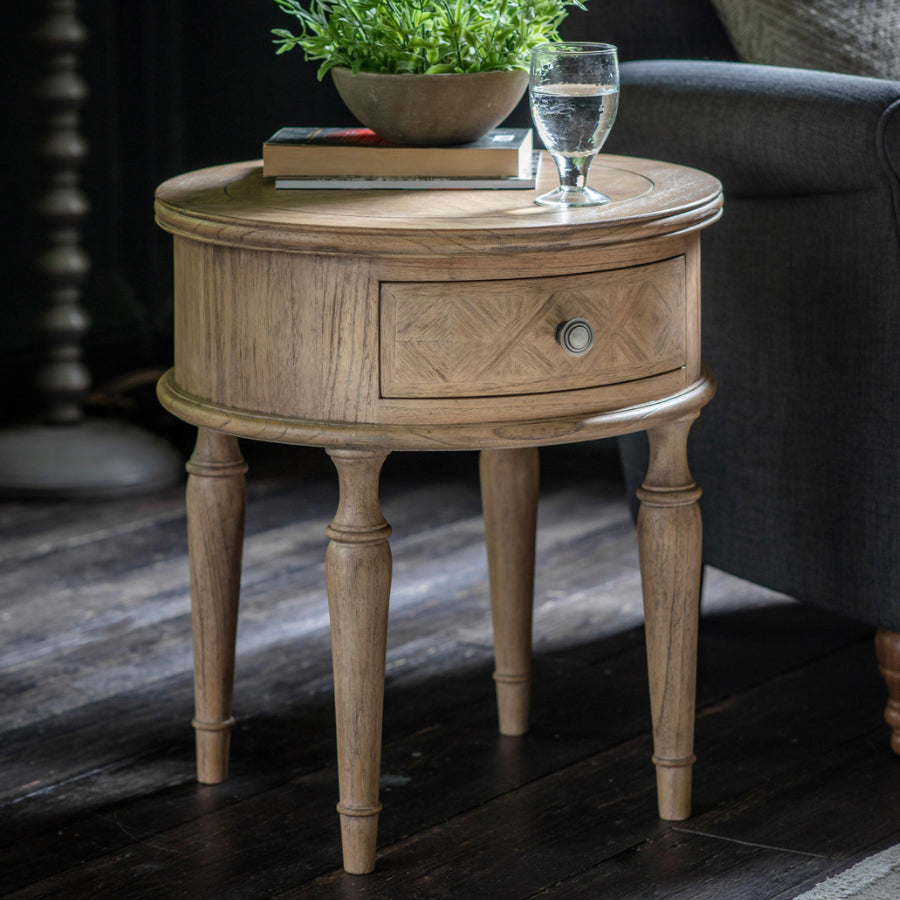 Round Wooden Parquet Styled 1 Drawer Side Table - The Farthing