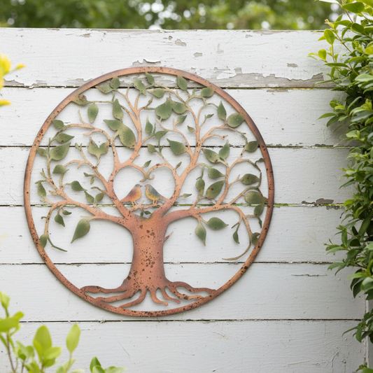 Decorative metal tree wall art on a white wooden background with greenery.