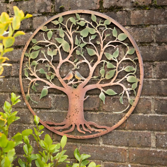 Rustic Metal Tree Wall Art with Green Leaves and Birds - The Farthing