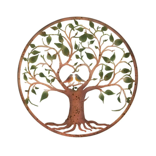Rustic Metal Tree Wall Art with Green Leaves and Birds - The Farthing