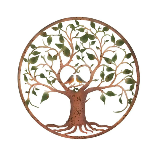 Rustic Metal Tree Wall Art with Green Leaves and Birds - The Farthing