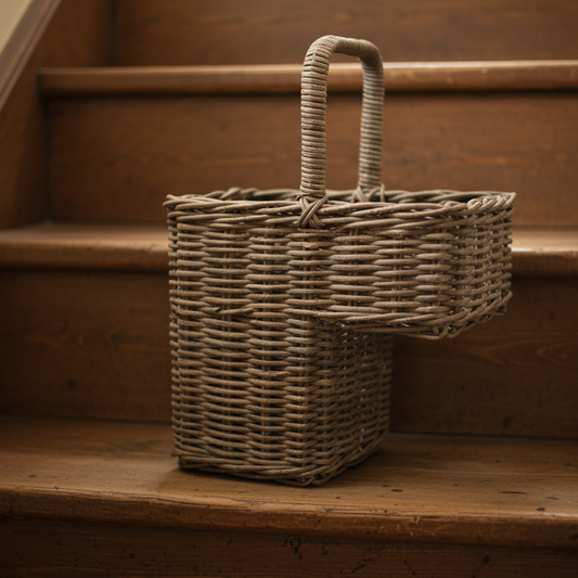 Wicker basket on a wooden staircase