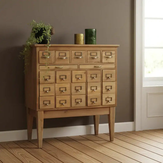 Wooden cabinet with multiple drawers against a brown wall.