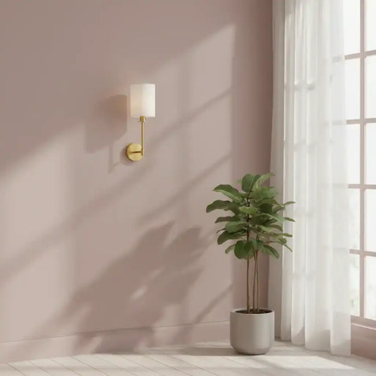 Potted plant in a room with a wall lamp and large window