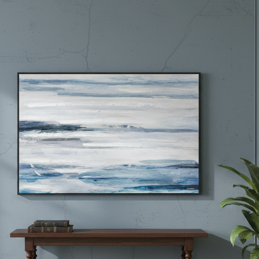 Abstract painting with blue and white stripes on a gray wall above a wooden console table.