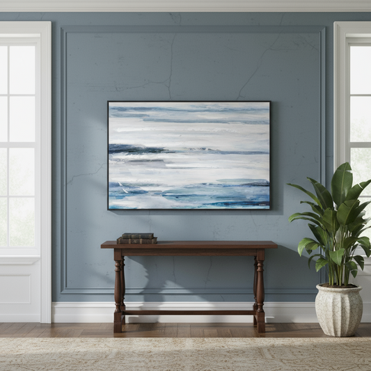 Abstract painting on a wall above a wooden console table with a plant in a room.