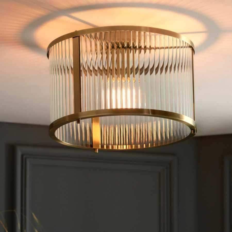 Semi Flush Ribbed Glass & Antique Brass Pendant Light - The Farthing