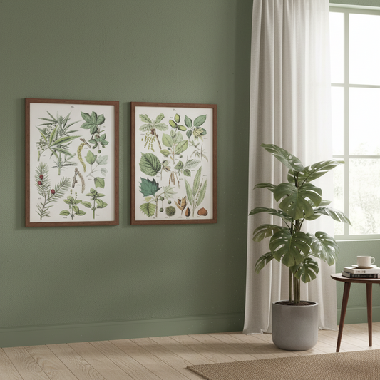 Two framed botanical prints on a green wall with a plant and table in the foreground.