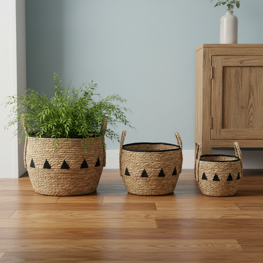 Set of 3 Black Triangular Design Seagrass Baskets