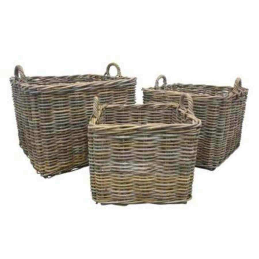 Set of Three Rustic Square Rattan Baskets with Handles - The Farthing