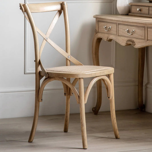 Set of Two Cross Back Oak Dining Chairs- Rattan Tops - The Farthing