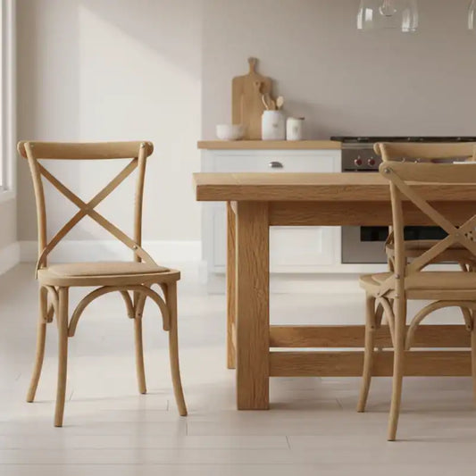 Wooden dining table with chairs in a kitchen setting