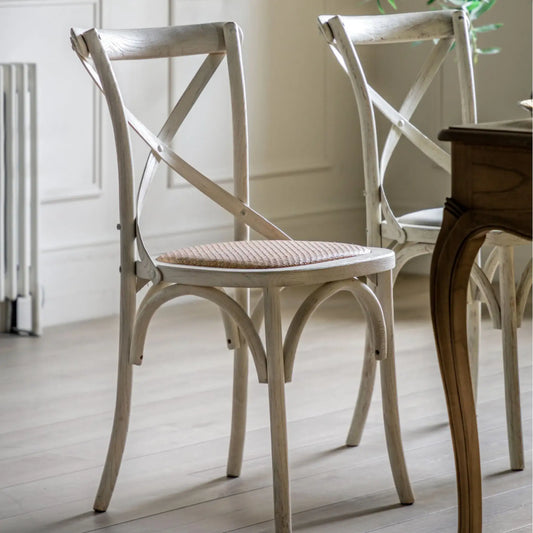 Set of Two Cross Back White Dining Chairs- Rattan Tops - The Farthing