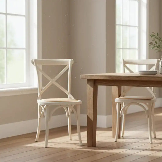 Wooden dining table with two chairs in a bright room with large windows.