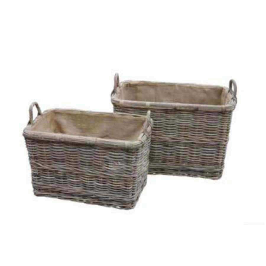 Set of Two Hessian Lined Rectangle Wheeled Rattan Baskets - The Farthing