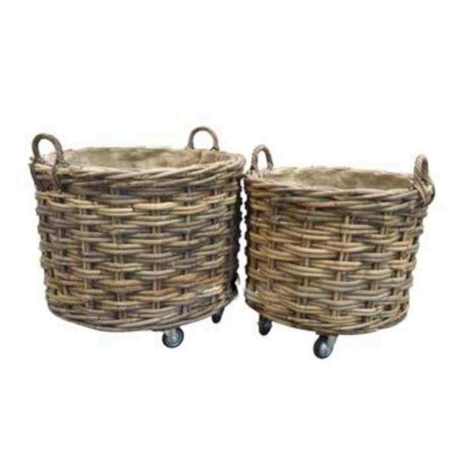 Set of Two Hessian Lined Round Wheeled Rattan Baskets - The Farthing