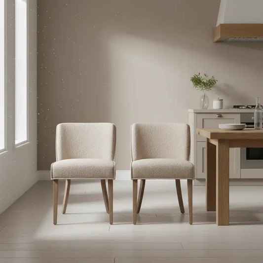 Two beige chairs in a modern kitchen setting with a wooden table and neutral walls.