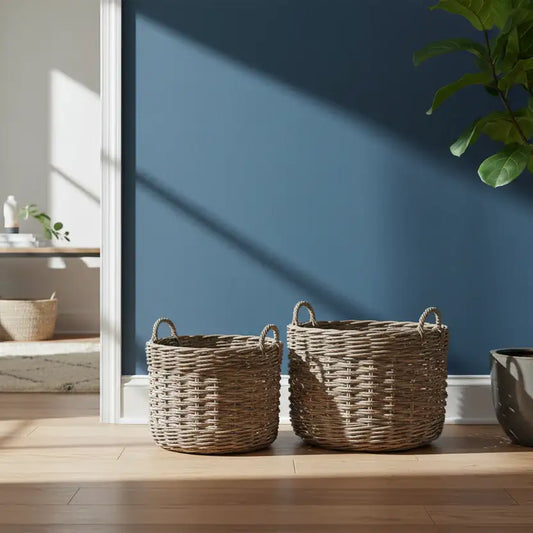 Two wicker baskets on a wooden floor with a blue wall in the background