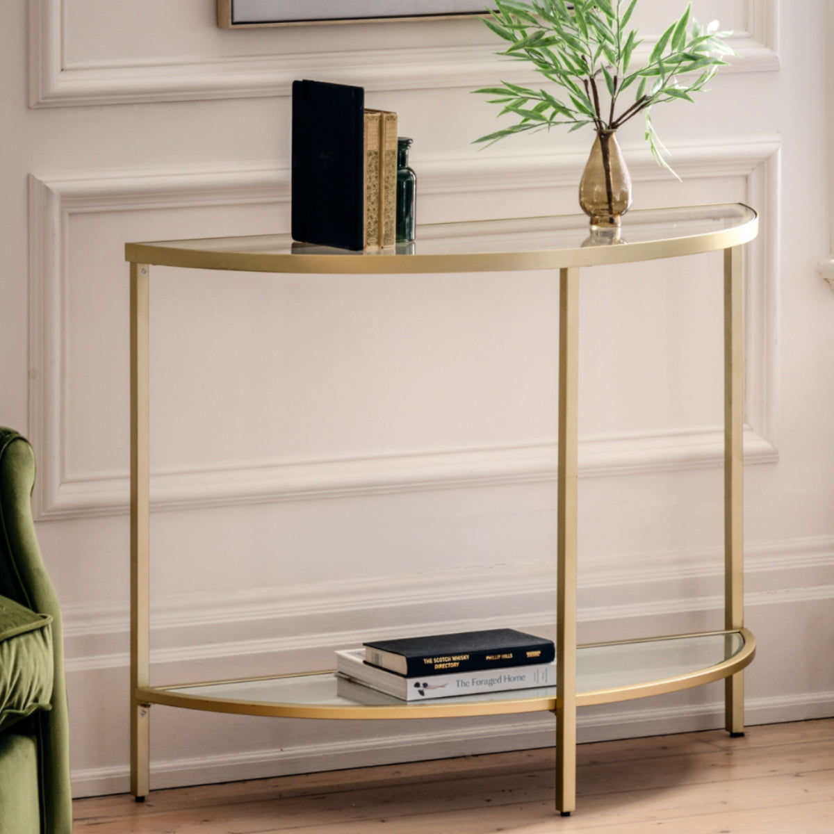 Soft Gold Metal and Glass Semi Circle Console Table - The Farthing