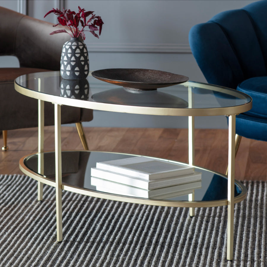 Soft Gold Oval Metal and Glass Coffee Table - The Farthing