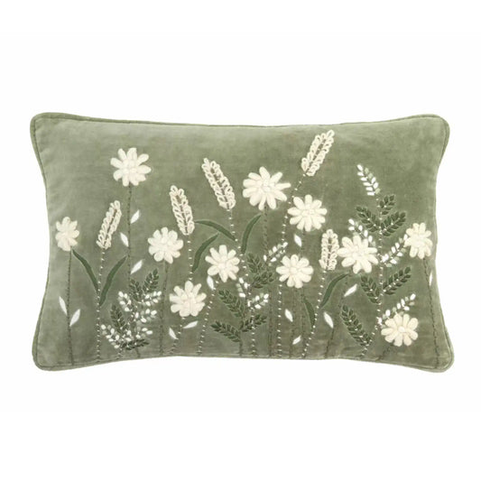 Soft Sage Embroidered Floral Cushion - The Farthing