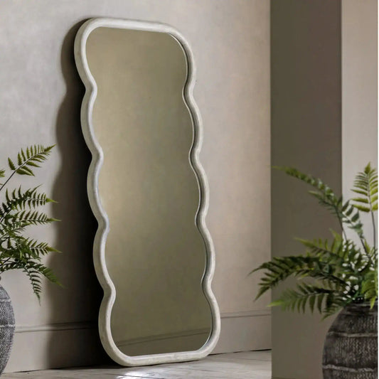 Tall Aged White Wavy Edge Leaner Mirror - The Farthing